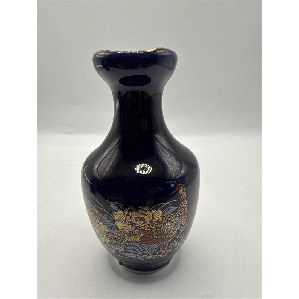 Small Dark‎ Cobalt Blue Porcelain Peacock & Roses Bud Vase Gold Trim 3.75" Japan